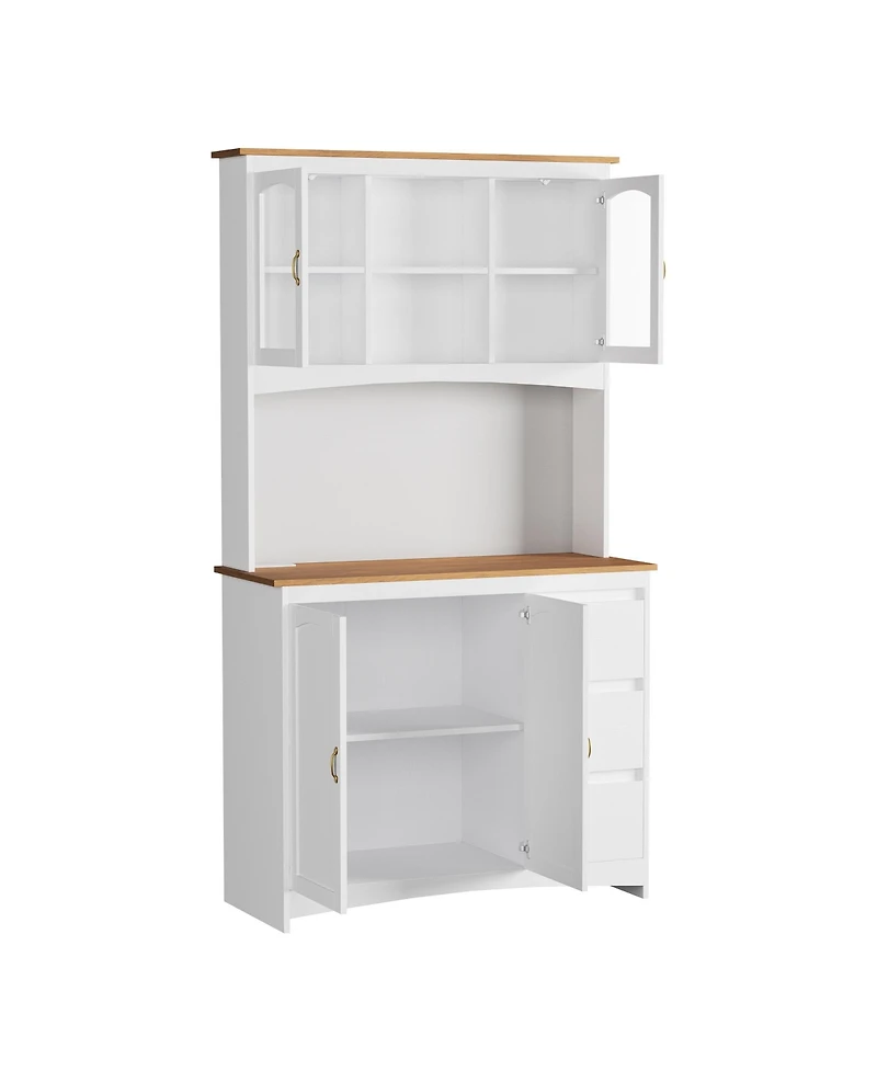 gaomon Kitchen Pantry Cabinet with Led Lights and Charging Station, 71 Inch Tall Kitchen Hutch Storage Cabinet with Countertop, 3 Drawers, 4 Doors
