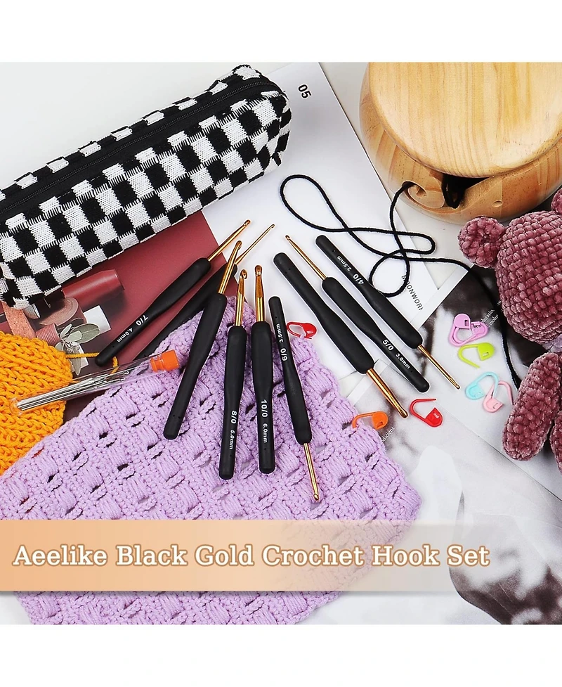 Aeelike 31-Piece Crochet Hook Set with Ergonomic Grips - Includes Hooks, Needles, Stitch Markers, Scissors, and Case