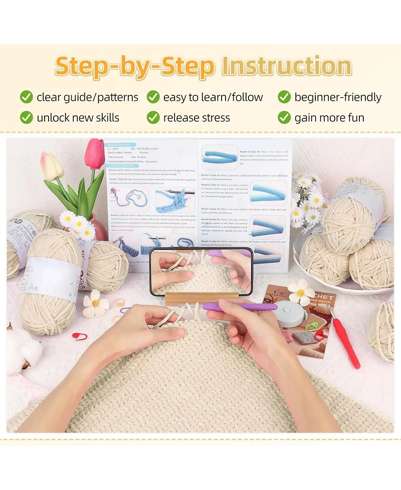 Aeelike Beginner Crochet Blanket Kit - Soft Chenille Yarn, Instructions and Accessories