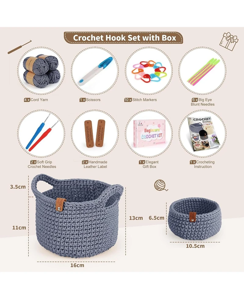 Aeelike Complete Crochet Basket Kit for Beginners - Includes Yarn, Hook, Stitch Markers, and Guidebook