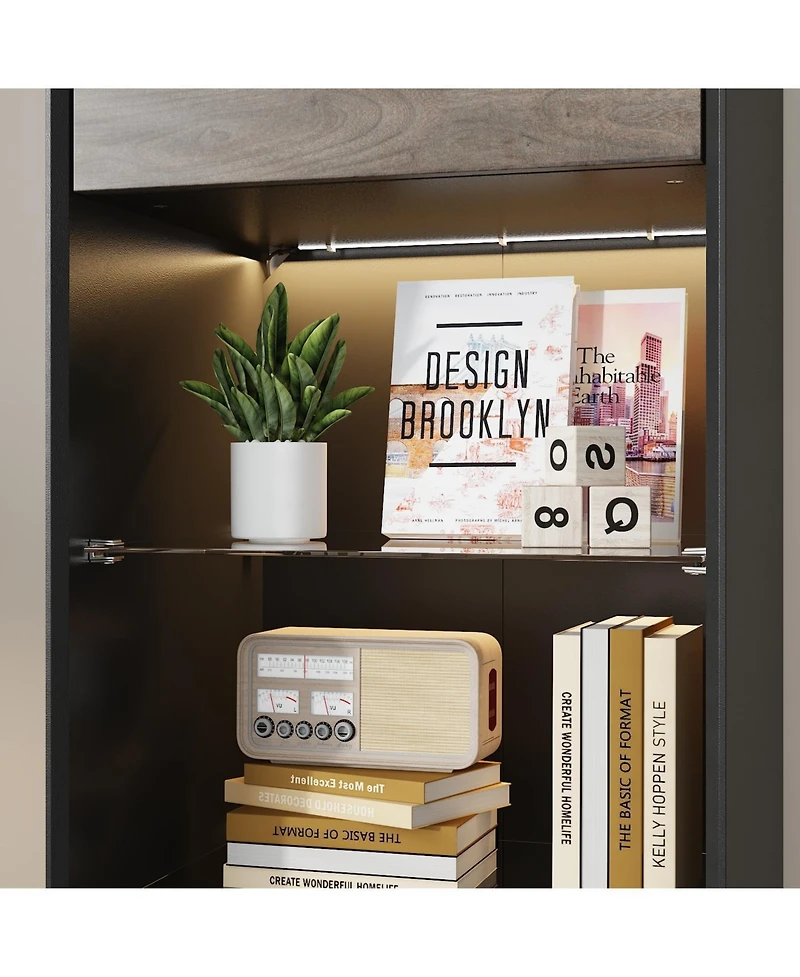 Homsee Tall Bookcase with Glass Doors and Led Light 71-Inch High Wooden Bookshelf with Storage Cabinets | Narrow Display Cabinet for Living Room