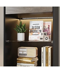 Homsee Tall Bookcase with Glass Doors and Led Light 71-Inch High Wooden Bookshelf with Storage Cabinets | Narrow Display Cabinet for Living Room