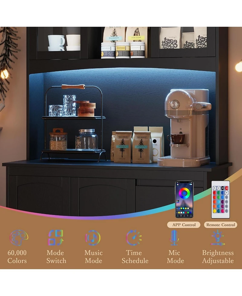 gaomon Kitchen Pantry Cabinet with Led Lights and Charging Station, 71" Tall Kitchen Hutch Storage Cabinet with Countertop, 3 Drawers, 4 Doors