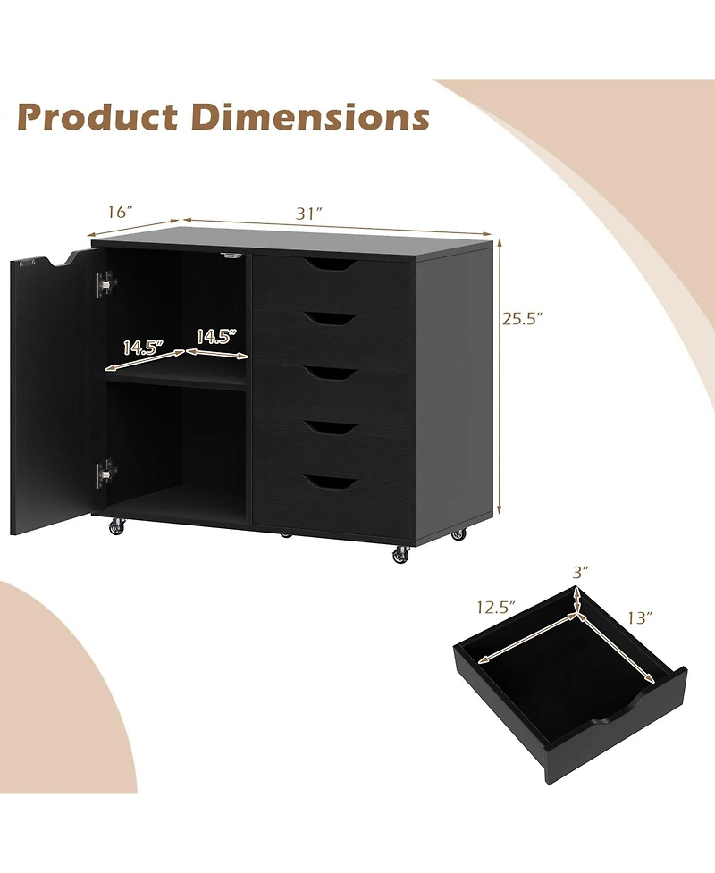 Costway 5-Drawer File Cabinet with Door, Wheels and 5-Level Adjustable Shelf for Home