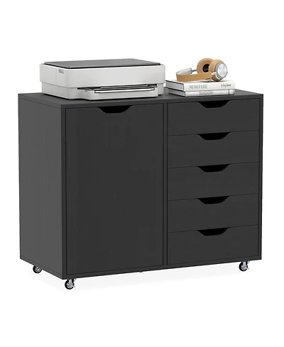 Costway 5-Drawer File Cabinet with Door, Wheels and 5-Level Adjustable Shelf for Home