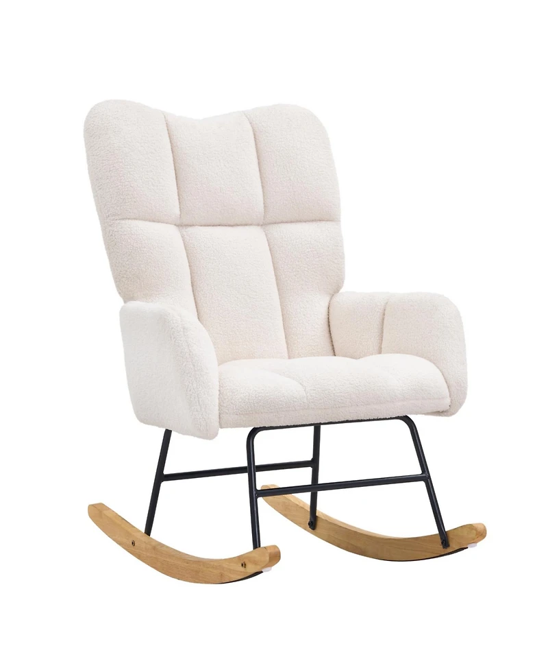 Rainsken Glider Rocking Chair, with High Backrest Armchair, Teddy Fabric, Wood Leg, 250 lbs Weight, for Living Room Bedroom Offices