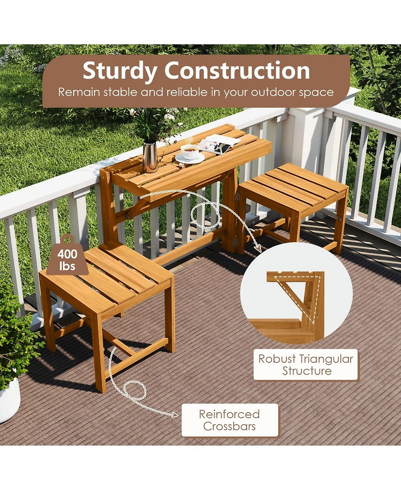 Sugift 3-in-1 Outdoor Acacia Wood Loveseat Bench Furniture with Slatted Seat