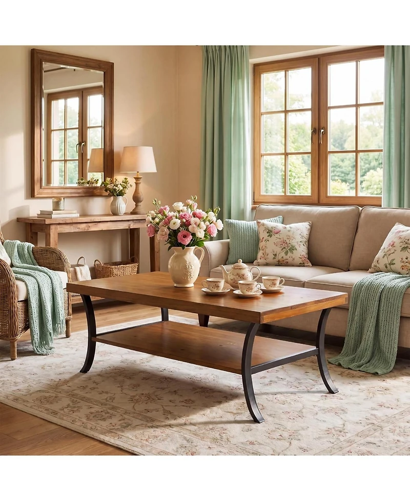 Tribesigns Farmhouse Coffee Table: 2-tier rectangular wood with storage shelf and curved metal legs. 47" center table for living room, home office