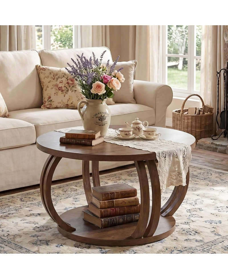 Tribesigns Round Coffee Table: 31.5" modern rustic center table with 2-tier shelf. Wooden table with curved base for living room and small spaces