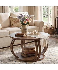 Tribesigns Round Coffee Table: 31.5" modern rustic center table with 2-tier shelf. Wooden table with curved base for living room and small spaces