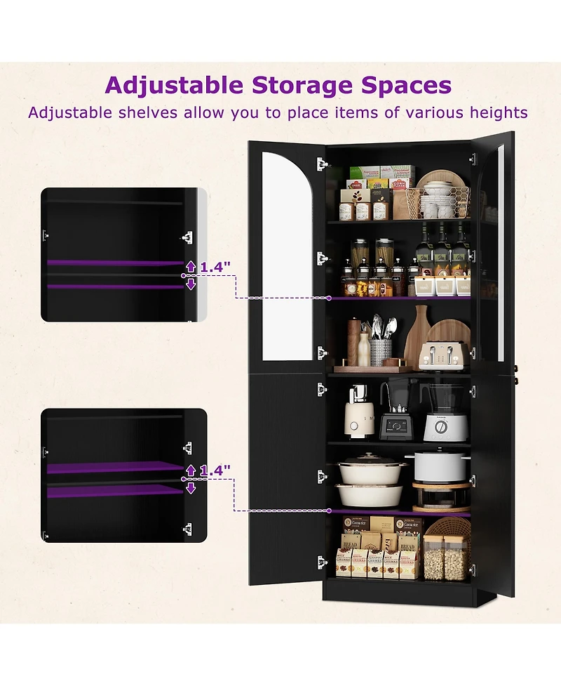 Aheaplus 80" Tall Kitchen Pantry Arch Storage Cabinet with Tempered Glass Doors
