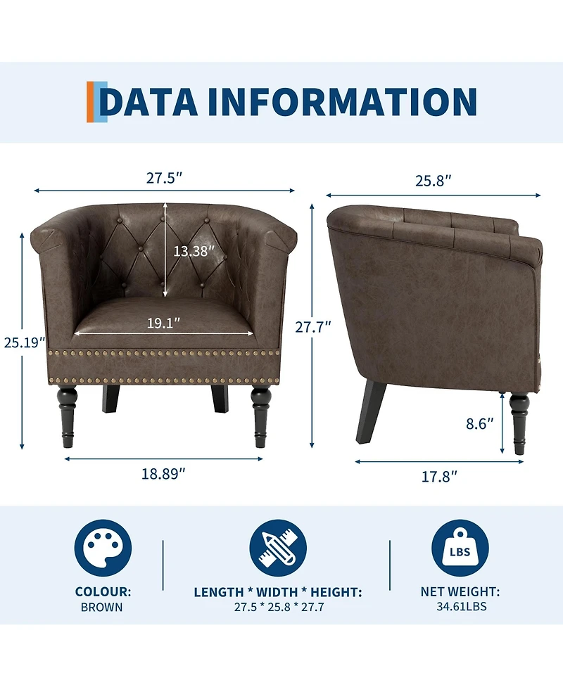 gaomon Modern Barrel Accent Chair, Tufted Back with Nailhead Trim, Upholstered Comfort Lounge for Living Room, Bedroom, Patio and Office
