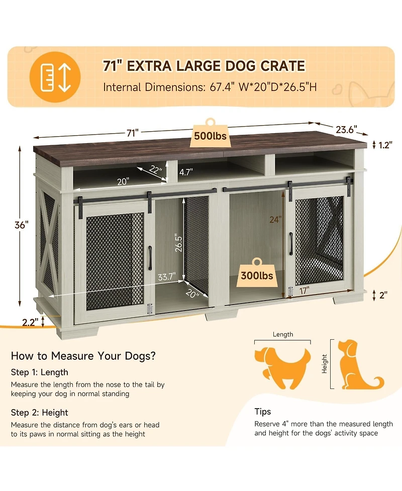 gaomon 71'' Heavy Duty Double Dog Crate Coffee Table - Pet Kennel with 3 Storage Drawers, Removable Divider, Sliding Barn Door