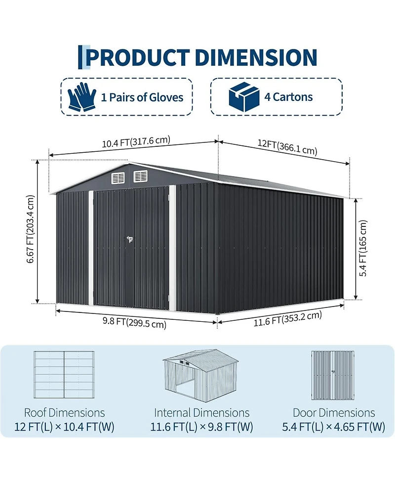 gaomon 10 x 12 ft Outdoor Storage Shed, Heavy-Duty Waterproof Tool Shed Storage with Lockable Door, Vents and Updated Frame Structure