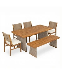 Asagikoiai 6-Piece Acacia Wood Outdoor Dining Set with Wicker Chairs and Bench