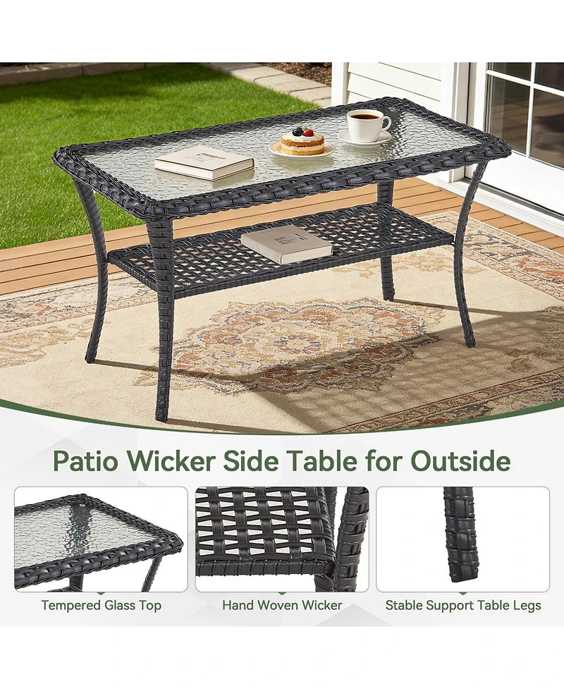 Pocassy Outdoor Coffee Table with Storage Wicker Patio Table, Tempered Glass Top for Outside Balcony Porch Deck