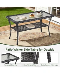 Pocassy Outdoor Coffee Table with Storage Wicker Patio Table, Tempered Glass Top for Outside Balcony Porch Deck