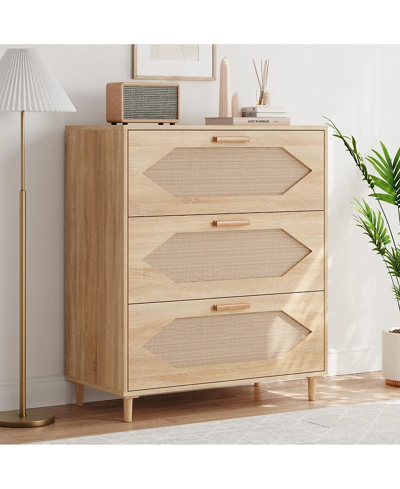homfan Rattan 3-Drawer Dresser Cabinet with Wood Legs, Modern Storage Organizer for Bedroom, Living Room, Entryway, Hallway