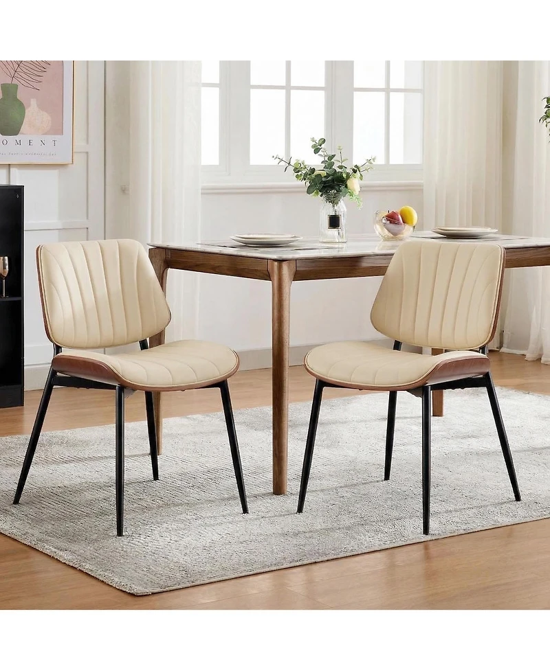 homfan Set of 6 Dining Chairs, Upholstered Pu Leather Kitchen Side Chairs with Curved Walnut Bentwood Back, Metal Legs and Adjustable Feet