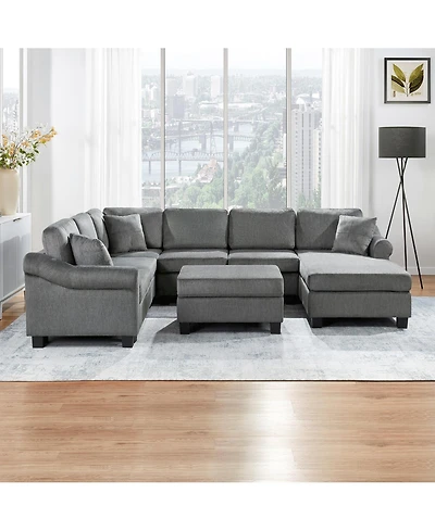 Clihome Sectional Sofa U-shaped Sofa with Movable Storage Ottoman