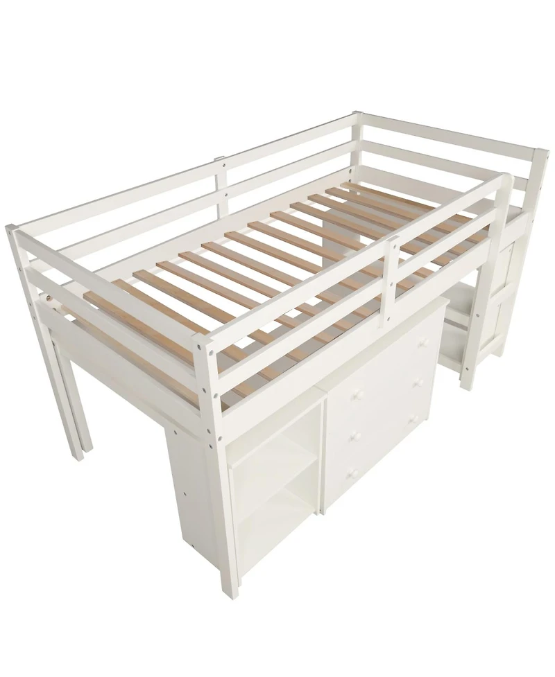 Streamdale Furniture Low Study Twin Loft Bed with Cabinet and Rolling Portable Desk