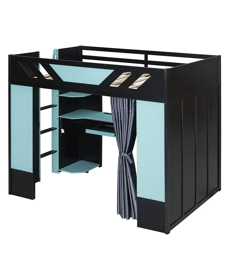 Streamdale Furniture Full Size Wood Loft Bed with Shelves Curtains and Rgb Lights