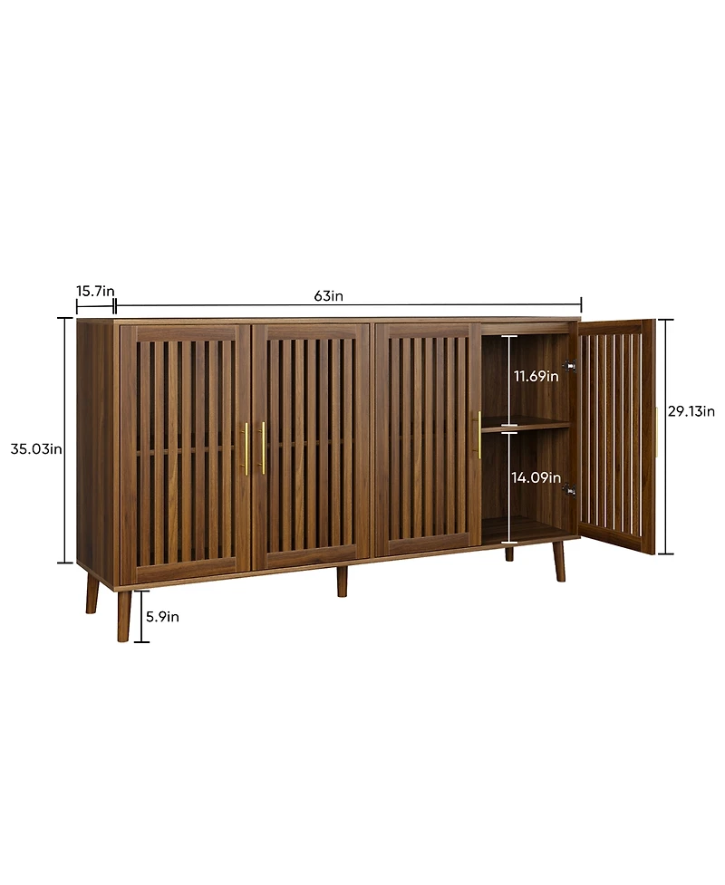 Boyel Living 63-Inch Sideboard Buffet Cabinet with Storage, Grille-Striped 4 Doors Accent Cabinet for Dining Room, Living Room, Kitchen and Entryway