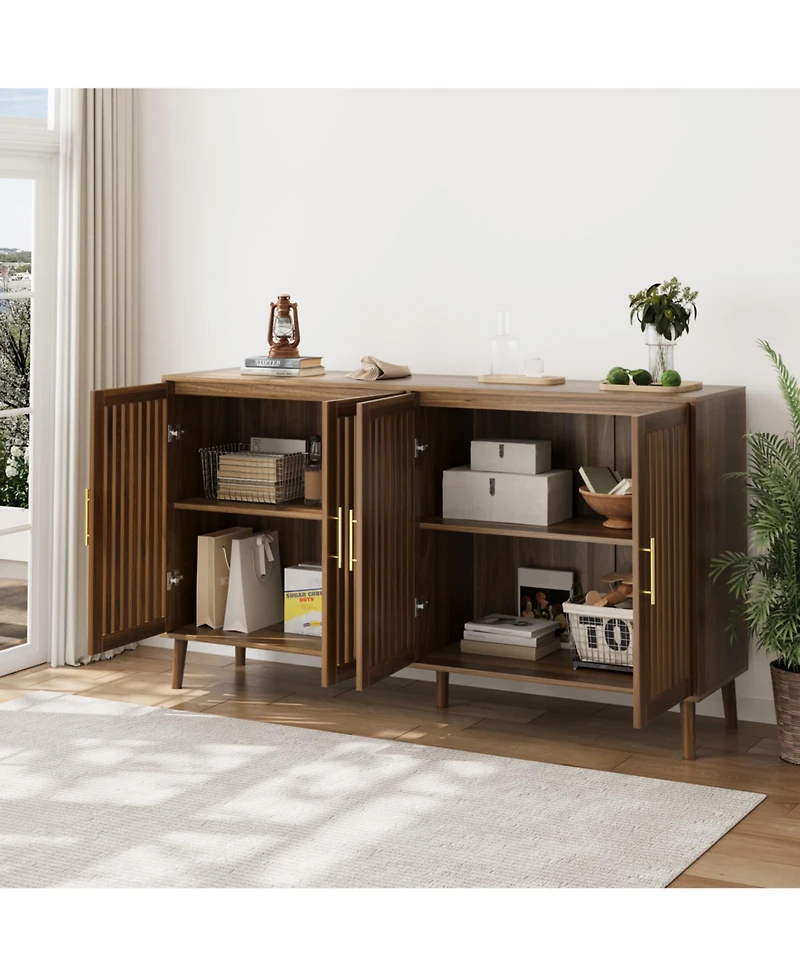 Boyel Living 63-Inch Sideboard Buffet Cabinet with Storage, Grille-Striped 4 Doors Accent Cabinet for Dining Room, Living Room, Kitchen and Entryway