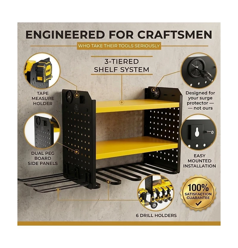 Xdovet Power Tool Organizer Wall Mount Steel Rack Drill Slots Pegboard