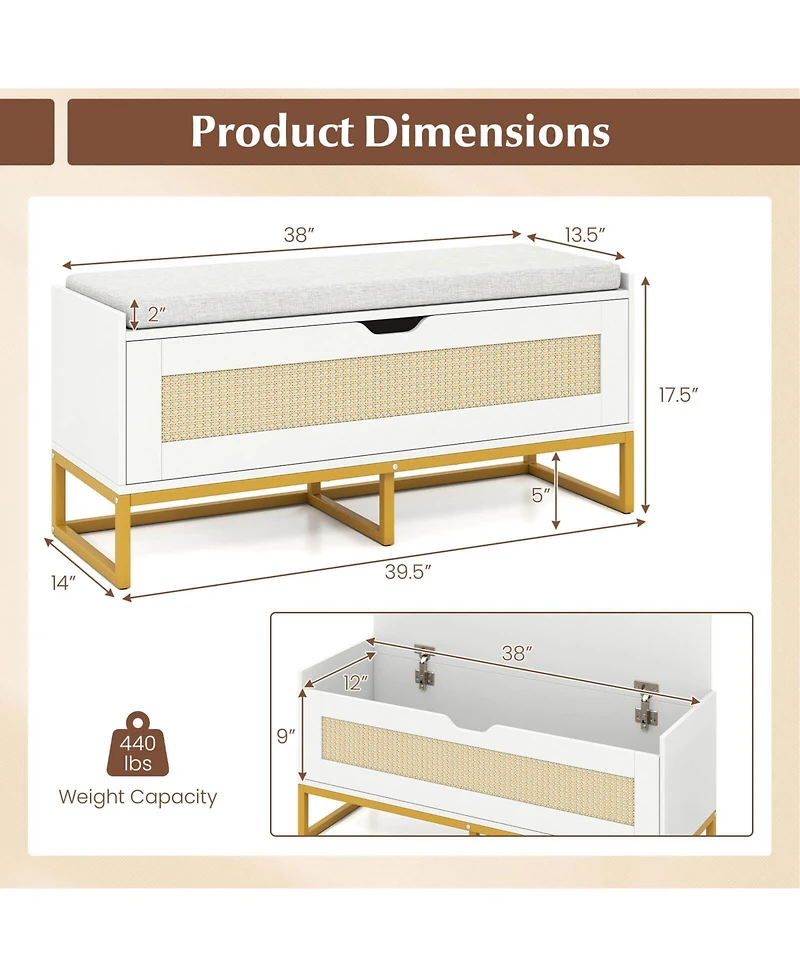 Costway 39.5" Rattan Storage Chest with Padded Seat, Flip-Top and Safety Hinges for Bedroom