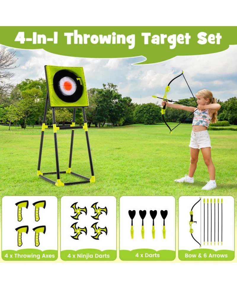 Sugift 4-in-1 Kids Axe Throwing Game Set with Bristle Target, Axes, Darts and Bow, Indoor Outdoor, Ages 8
