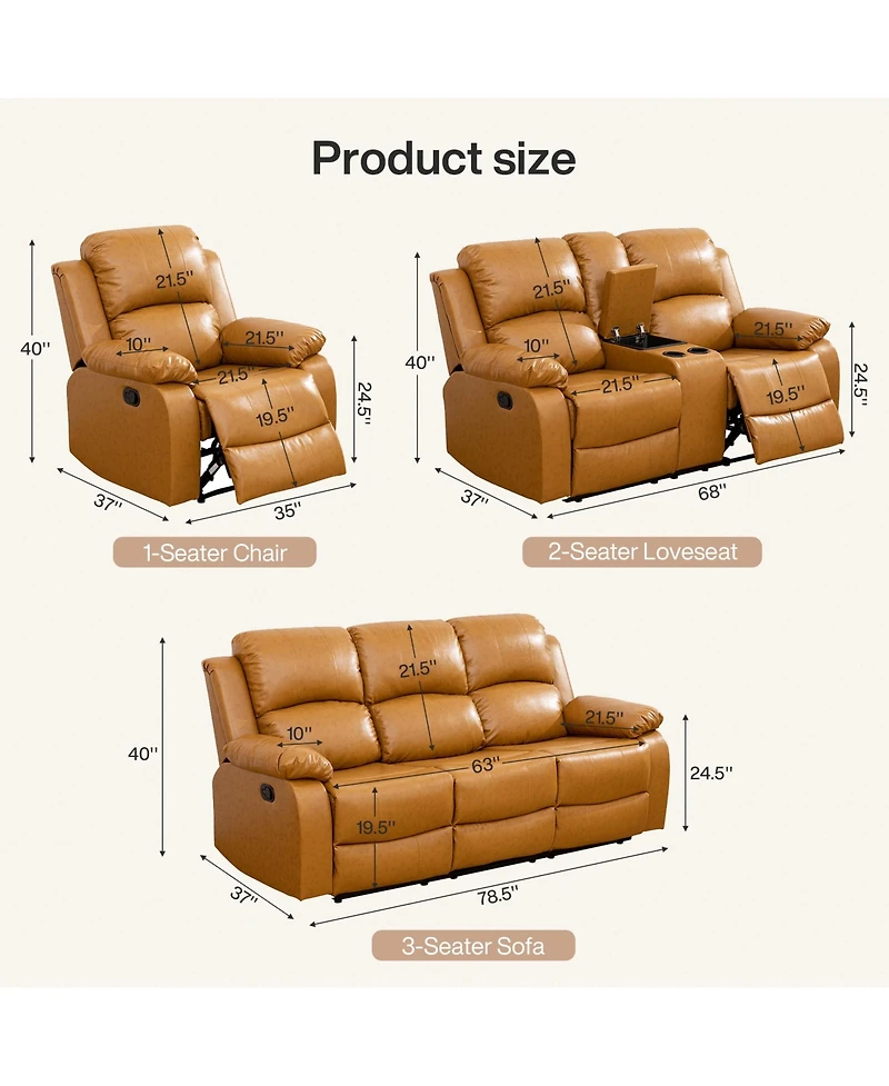 Tribesigns 6-Seater Recliner Sofa Set, Leather Sofa with Storage Console, Cup Holders, Semi-pu/Pvc Upholstery