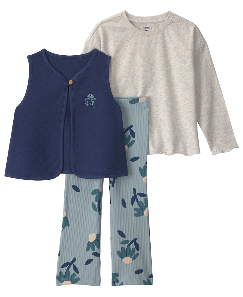 Carter's Toddler Girls' 2T-5T Floral Long-Sleeve Layering Top, Vest and Leggings, 3-Piece Set