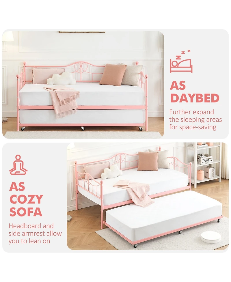 homfan Metal Daybed Frame with Pull-Out Trundle and Steel Slat Support - Versatile Multi-functional Sofa Bed for Guest Room and Modern Living Spaces