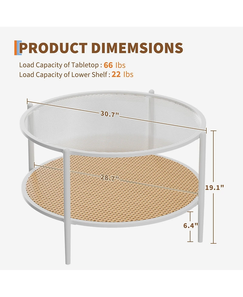homfan Round 2-Tier Coffee Table with Tempered Glass Top and Rattan Shelf, Metal Frame Center Table for Living Room, Apartment, Small Space