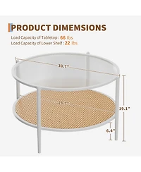 homfan Round 2-Tier Coffee Table with Tempered Glass Top and Rattan Shelf, Metal Frame Center Table for Living Room, Apartment, Small Space