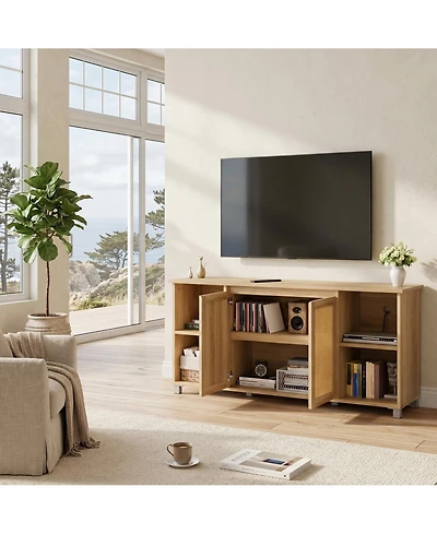 homfan Modern Boho Rattan Tv Stand with Woven Doors and Cable Management - Durable Wood Media Console and Entertainment Center for Living Room
