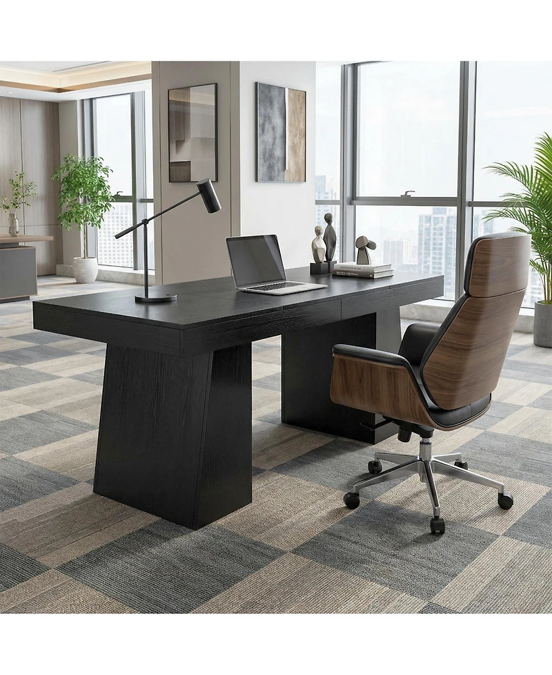 homfan Mid-Century Executive Desk – Double Trapezoid Base, Wood Computer Desk for Home Office or Conference