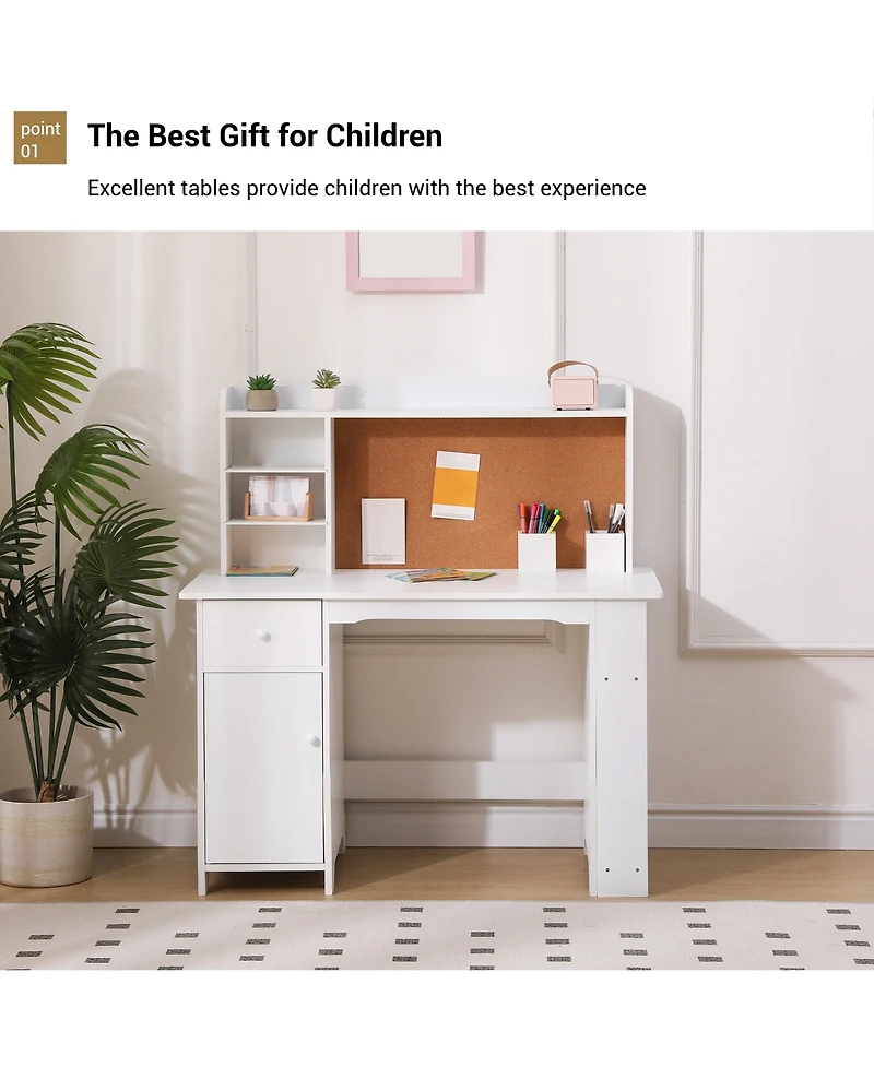 Homfan 96" Kids Study Desk with Cabinet and Drawer, Children Writing Table with Storage, Engineered Wood Home Office Desk for Bedroom