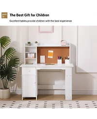 Homfan 96" Kids Study Desk with Cabinet and Drawer, Children Writing Table with Storage, Engineered Wood Home Office Desk for Bedroom