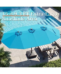 Gymax 15 Ft Double-Sided Patio Umbrella 48 Solar Led Lights Base Included for Pool