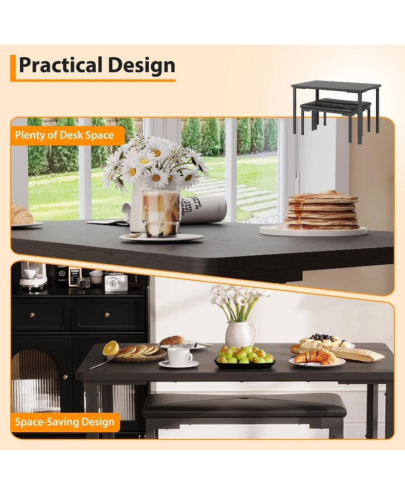 homfan 3 Pieces Dining Room Table Set for 4, Compact Kitchen with 2 Upholstered Benches, Rectangle Modern Chair Small Space
