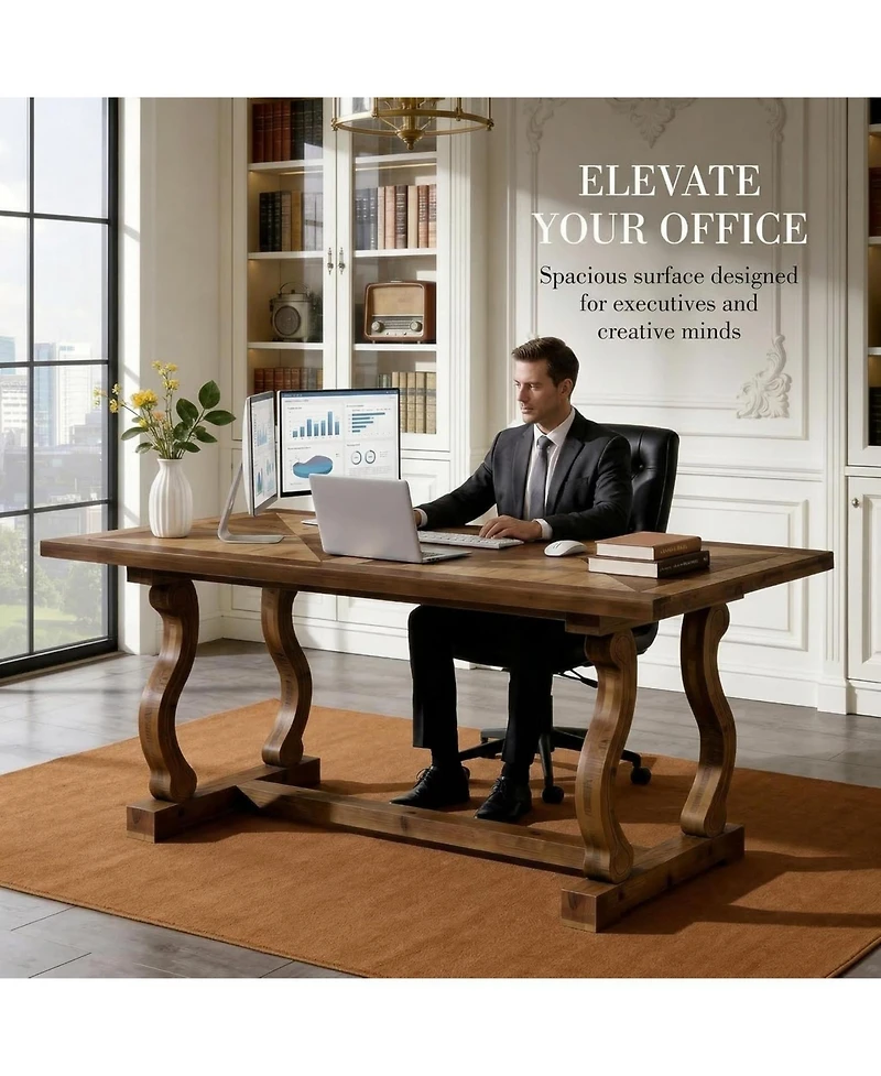 Tribesigns Solid Wood Executive Desk, 63" Large Computer Desk for Home Office, Farmhouse Rustic Wooden Workstations Business Office Furniture