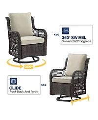 homfan 3 Piece Patio Bistro Set, All Weather Wicker Swivel Rocker Lounge Chairs with Cushions and Glass Table for Porch or Garden