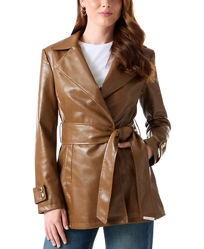 Guess Women's Faux-Fur-Collared Belted Faux-Leather Trench Coat