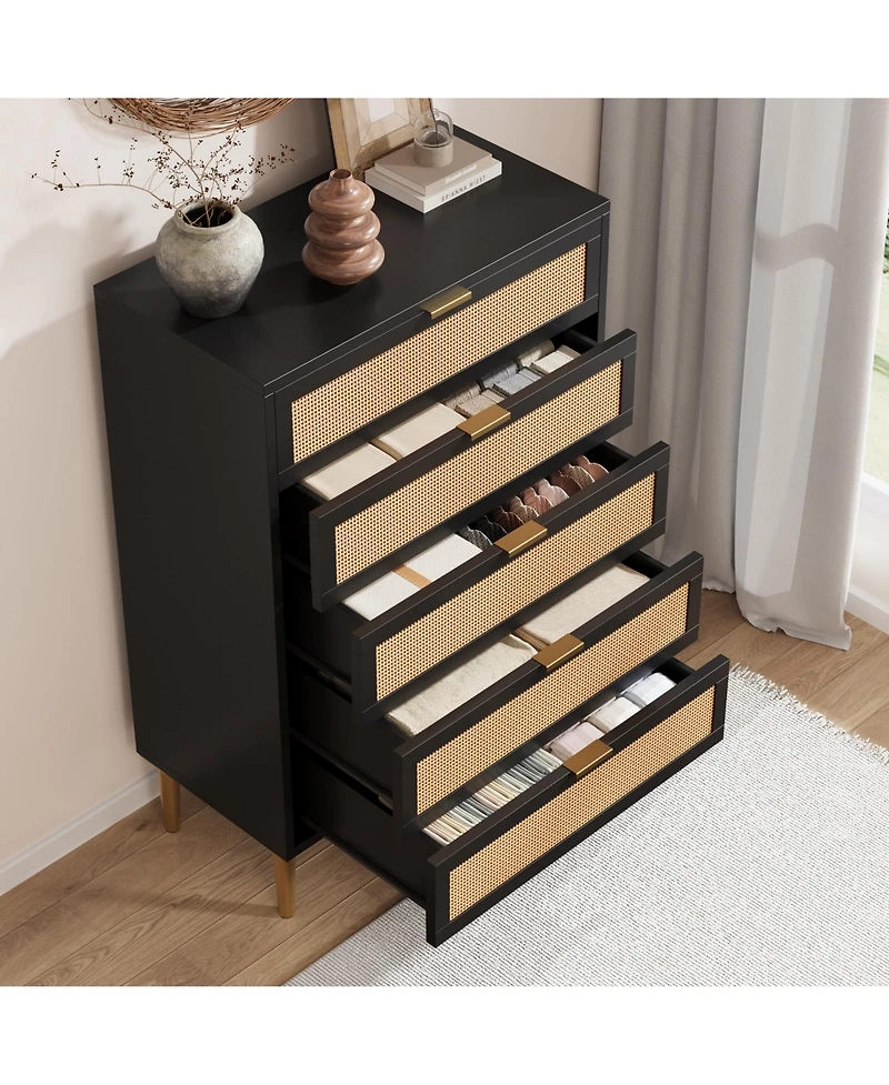 homfan Rattan-Style 5-Drawer Tall Dresser with Gold Legs and Handles, Anti-Tip Storage Tower for Bedroom, Living Room, Hallway