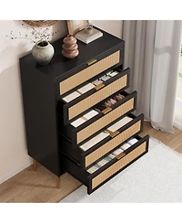 homfan Rattan-Style 5-Drawer Tall Dresser with Gold Legs and Handles, Anti-Tip Storage Tower for Bedroom, Living Room, Hallway