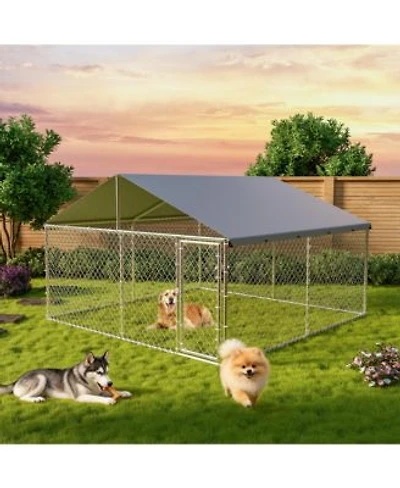 Homfan Heavy Duty Outdoor Dog Kennel Chain Link Enclosure With Galvanized Steel Frame Waterproof Uv Resistant Roof Cover