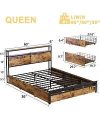 Hausource Queen Platform Bed Frame With Headboard, Drawers and Outlets, Rustic Brown