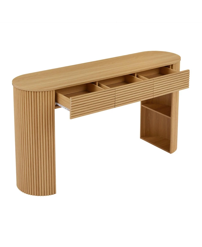 Rainsken Retro Console Table, with Storage, 3 Drawers, 1 Table-Leg Niche, Round Slat Aesthetic, for Entrance, Dinning Room, Living Room